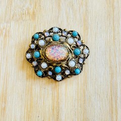 VTG Victorian Style Faux Fire Opal Opalite Brooch Pin Cabochon Pearl Gass Gilt