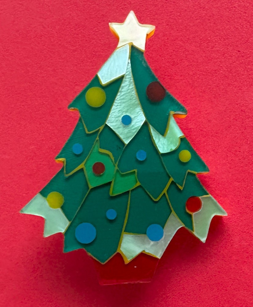 VINTAGE CHRISTMAS TREE PIN BROOCH LEE SANDS ABALONE HANDMADE MOP HTF RARE 80s 56