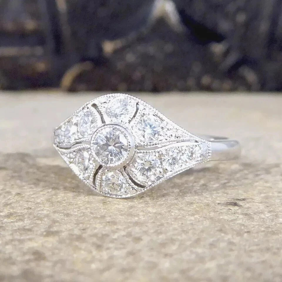 1920s Art Nouveau Style LabCreated Diamond Edwardian Engagement 14K Gold FN Ring