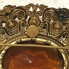 Vintage W Germany Brooch Gold Tone Brown Yellow Rhinestones