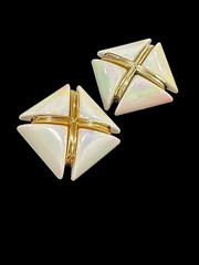 Vtg 1980s 1990s Chunky X Design White Gold Iridescent Statement Clip On Earrings