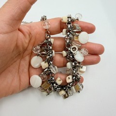 Vintage Silver Tone Mother of Pearl Necklace Multi Strand Cluster Charm Bib Boho