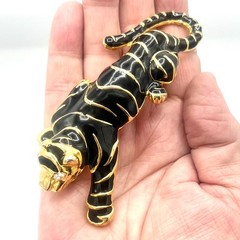 Vintage Black Enamel Tiger/Panther Brooch With Clear Rhinestone Eyes – 4.25″