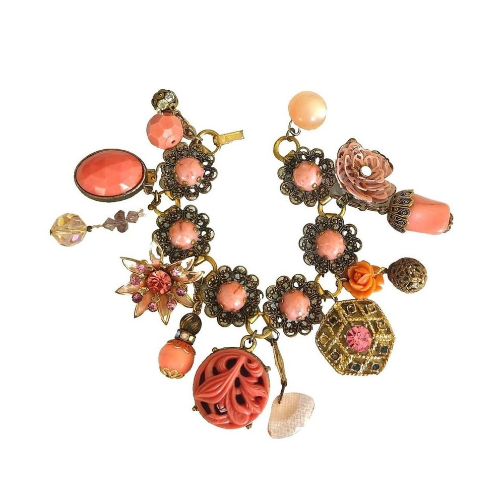 VTG Assemblage Charm Bracelet Pink Floral OOAK Upcycled Statement Jewelry 7.5″