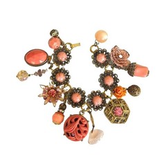 VTG Assemblage Charm Bracelet Pink Floral OOAK Upcycled Statement Jewelry 7.5″