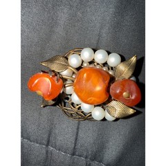 Vintage Orange Fruit Faux Pearl Filigree Brooch Pin Mid Century Costume