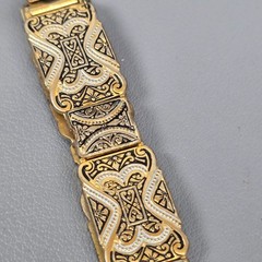 Antique Gold -Tone & Black Damascene Spain Brooch & Bracelet Floral Motif Ornate