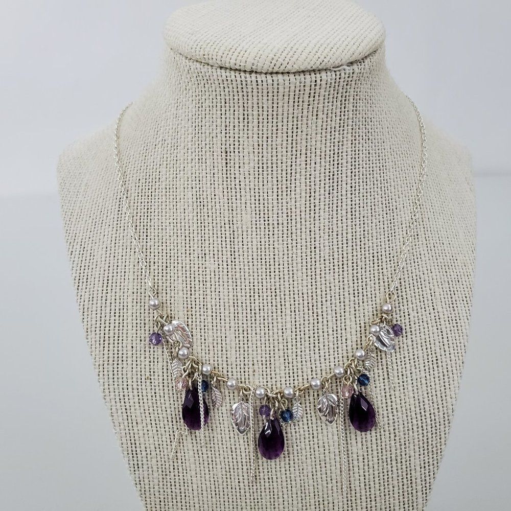 Avon Necklace Silver Tone Purple Chain Charm Beaded Leaf Tear Drop Blue Pearl