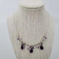Avon Necklace Silver Tone Purple Chain Charm Beaded Leaf Tear Drop Blue Pearl