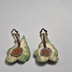Vtg Mid Century Majolica Porcelain Pink Green Caladium Leaf Clip-On Earrings