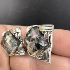 Vintage Coro Confetti Lucite Thermoset Clip On Earrings Silver Tone Signed