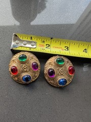Vintage Multicolor Cabochon Costume Clip On Earrings Gold Tone Chunky Heavy R48