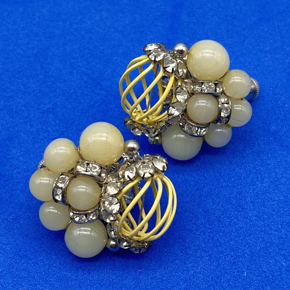 Vintage Vendome Earrings Lucite Bead Rhinestone Enamel Cage Clip Ons Signed 1″