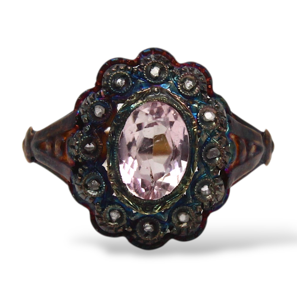 French Antique Pink Tourmaline Diamond Halo Ring 18K Yellow Gold Silver Size 7