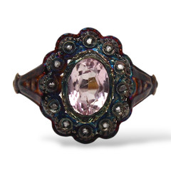 French Antique Pink Tourmaline Diamond Halo Ring 18K Yellow Gold Silver Size 7