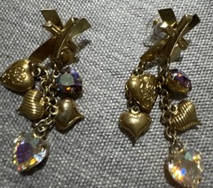 Fancy Aurora Borealis and Gold tone Heart Drop Dangle Earrings
