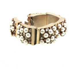 Vintage Gold‑Tone Pearl & Rhinestone Bracelet – Hinged Link Design, Cluster Pear