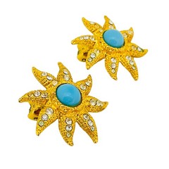 GRAZIANO signed vintage gold tone faux turquoise star designer clip on earrings