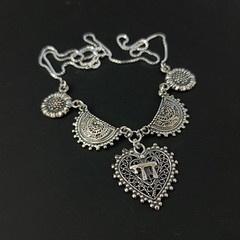 Chai Heart Necklace Filigree Silver Bib Folk Ethnic Judaica Life In Hebrew Gift