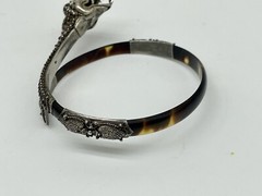 Antique Chinese Sterling Silver Dragon Faux Tortoise Shell Bypass Bracelet