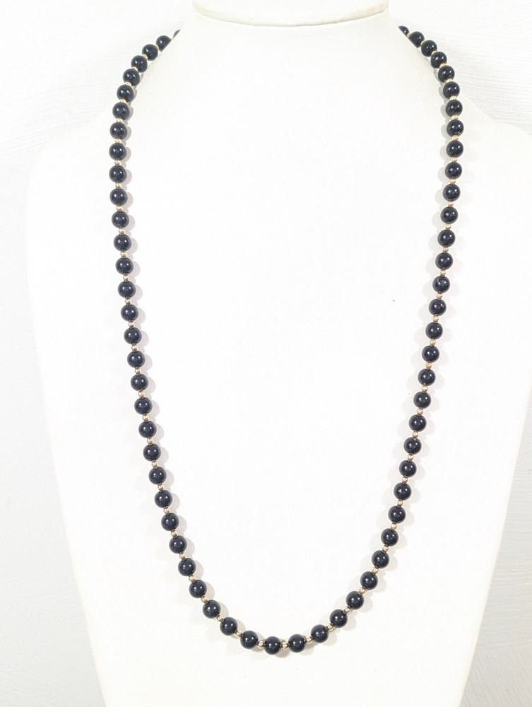 Vintage Monet Classic Black Beaded Necklace Elegant Gold Tone 30 in