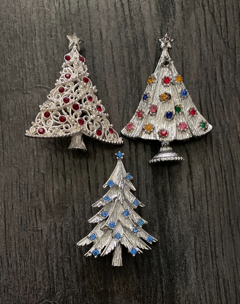 3 Vtg Silver Tone Christmas Tree Rhinestone Brooch Holiday Party Pins Lot of 3