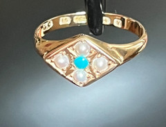 1873 Victorian Turquoise Seed Pearl 15k Gold Ring Birmingham Size 6.5+/- not 14k