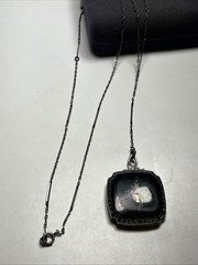 Antique Art Deco Sterling Silver Flower Basket Enamel Locket Necklace