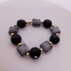 Smoky Gray and Black Faceted Fancy Glass Beaded with Gold Tone Accents Bracelet