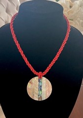Vintage Abalone Shell Coral Seed Beaded Twist Pendant Disc Statement Necklace
