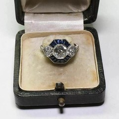Art Deco Round Lab Created Diamond & Sapphire Wedding 14K White Gold Finish Ring