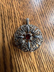 Vintage Filigree Floral Sterling Silver Red Stone Brooch Pendant