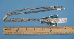 Whiting And Davis Vtg 1970s Necklace Art Deco Faux Turquoise Pendant Silver Tone