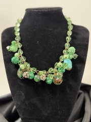 Stunning Vintage Green Bauble Faceted Czech Glass Necklace 16”
