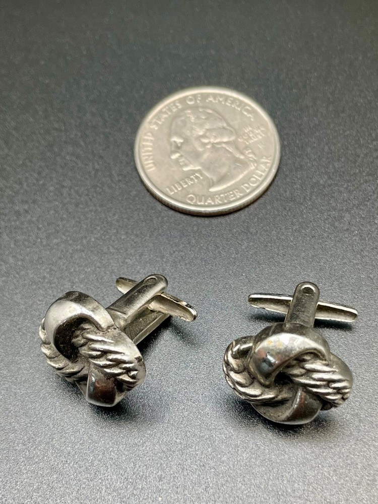 Vintage 1940s Silver Tone Rope Love Knot Early Wing T-Bar Deco Retro Cufflinks