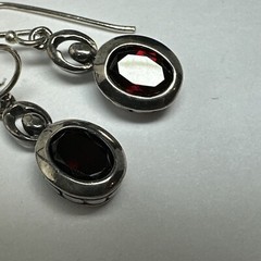 LUC 925 Garnet Bezel Set Earrings Sterling Dangle Drop Vintage 24mm Long
