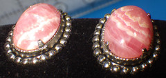 vintage vivid old Rhodochrosite sterling silver screw back earrings maker JJJ co