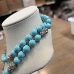 Turquoise Glass Beads w/Rhinestone Beads In Long Knotted Strand Necklace 34”