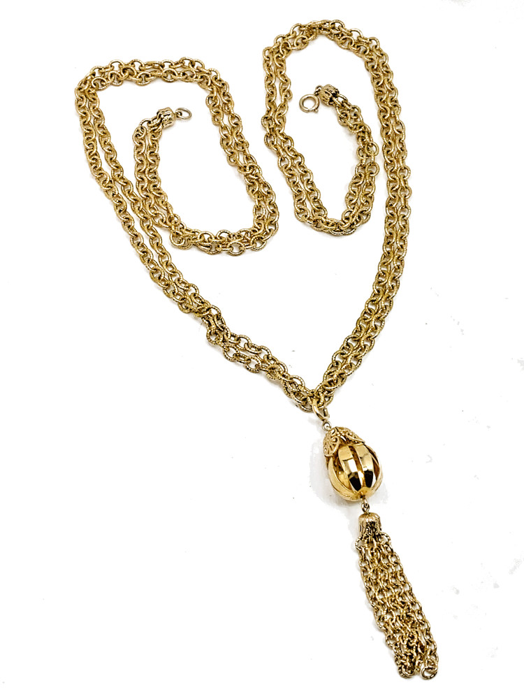 Vintage Tassle Necklace Gold Chain 36″ Double Curb Link Mid Century 36 In