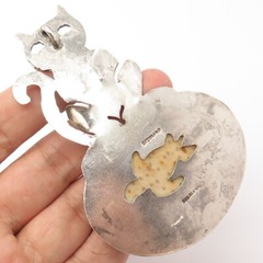 925 Sterling Silver Vintage Real Fossil Cat / Kitten & Turtle Pendant