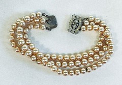 Vintage Triple Strand Faux Pearl Bracelet With Fancy Rhinestone Clasp 6.5”