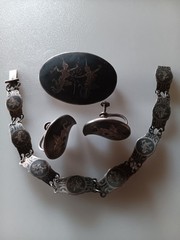 Vtg Siam Sterling Silver Black Niello Paisley Screw Back Earring Bracelet Brooch