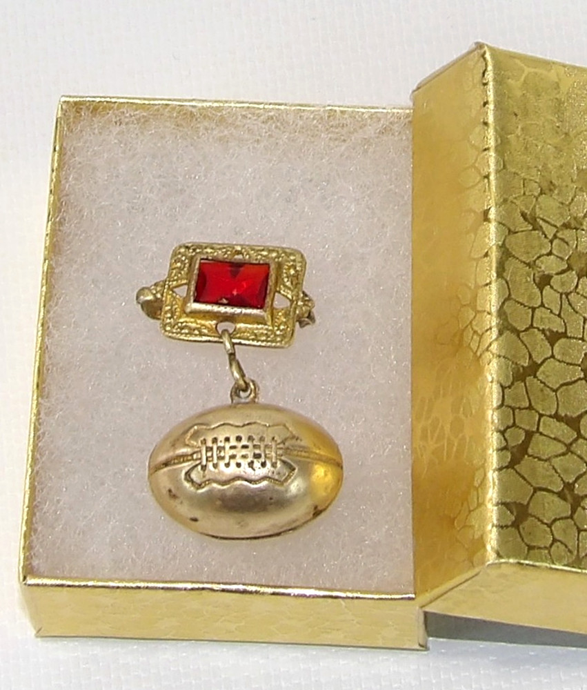Antique Gold Tone & Brass Football Dangle 1.25″ Pin Brooch Red Glass