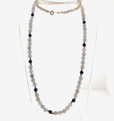 Chalcedony Lace Agate and Lapis Graduated Bead Necklace 26 in Gold filled