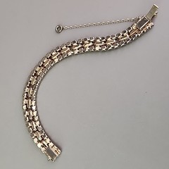 Vintage Rhinestone Bracelet Orange Glass Tennis Safety Chain Gold Tone 6.5″