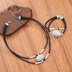 Vintage Oval Faux Leather Necklace Bracelet Set Women Gold Silver 2pc Jewelry