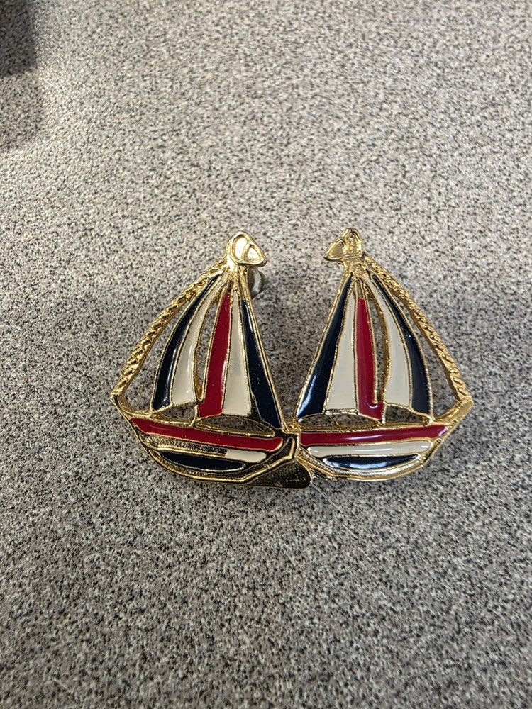 VTG SAILBOAT ENAMEL Nautical Pierced Earrings Red White Blue Pushback Closure