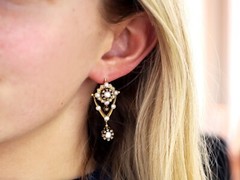 Natural Pearl, 0.66Ct Diamond and Enamel, 9k Yellow Gold Drop Earrings