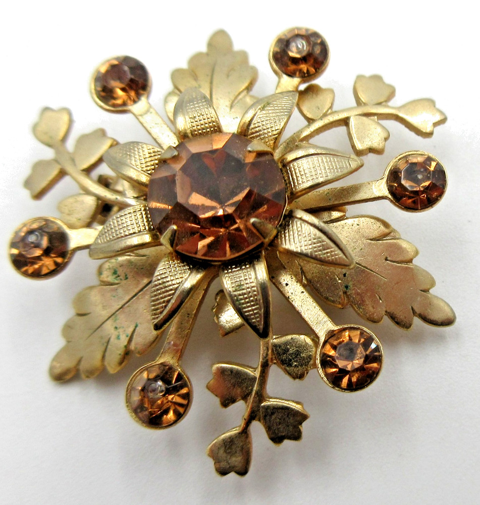 VTG LAYERED FLOWER leaf BROWN RHINESTONE gold tone METAL OPEN WORK Brooch Pin