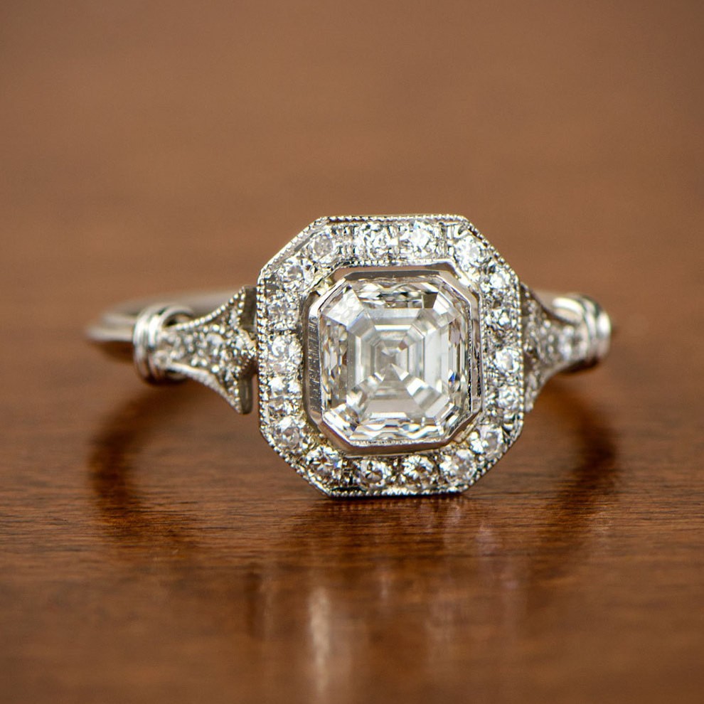 2CT Asscher Lab Created Diamond Vintage Art Deco Octagon Halo Ring 14K Gold Over